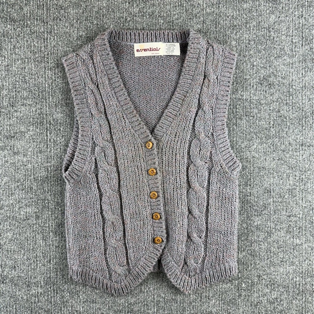 Vintage Essentials Sweater Vest Womens Medium Gray Cable Knit Button Front